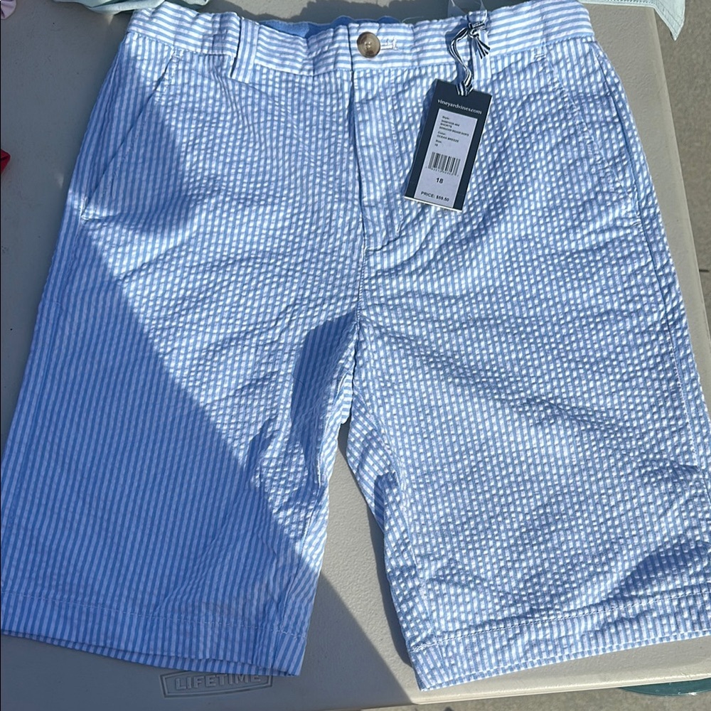 Vineyard Vines Blue and White Flat Front Seersucker Shorts